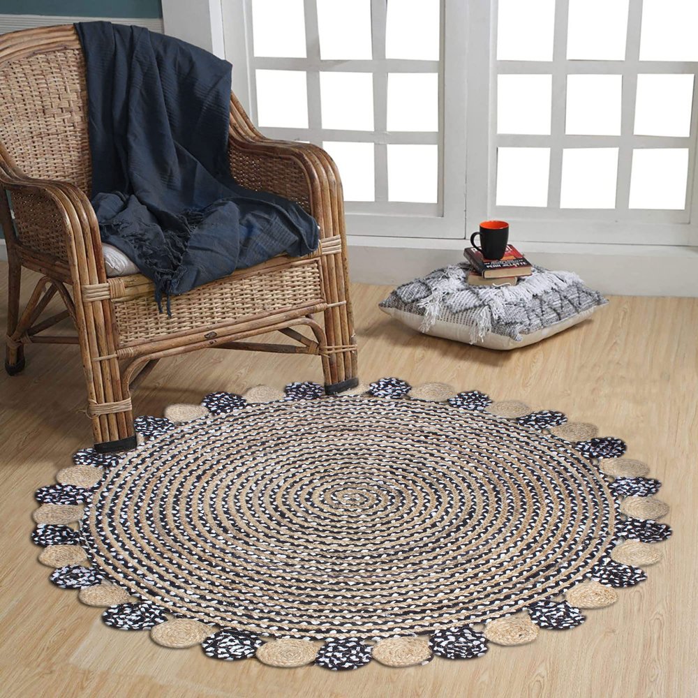 CASAVANI Hand Braided Rag Rug Geometric Beige & Multicolor Cotton Chindi & Jute Rug Home/Office Mat Best Uses for Bedroom,Nursery Room,Kids Room & Kitchen 4x4 Feet Round