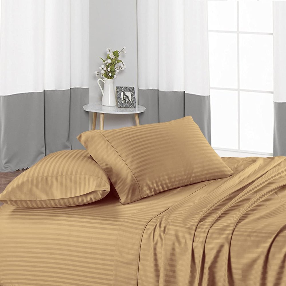 British-Linen Sheet Set 4 Piece and 1 Piece Zipper Duvet/Quilt Cover, 400TC & 100% Egyptian Cotton, (15" Deep Pocket) Cool, Silky and Lightweight 5 Piece Bedding - Taupe Stripe,Full-XL Size.