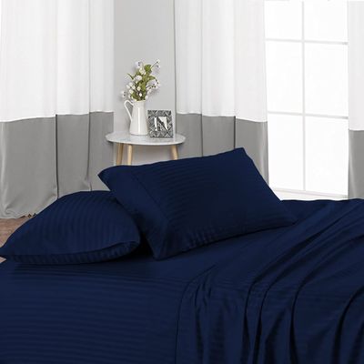 British-Linen Sheet Set 4 Piece and 1 Piece Zipper Duvet/Quilt Cover, 400TC & 100% Egyptian Cotton, (15" Deep Pocket) Cool, Silky and Lightweight 5 Piece Bedding - Navy Blue Stripe,Full-XL Size.