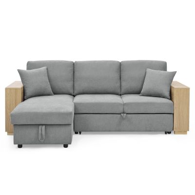 Sectional Sofa with Pulled Out Bed, 2 Seats Sofa and Reversible Chaise with Storage, MDF Shelf Armrest, Two Pillows, Grey, (88" x52" x 34")
