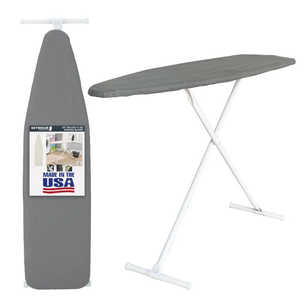 Full Size Ironing Board with Cover & Pad  Made in USA by Seymour Home Products Adjustable Steel T-Legs, 35" High Perforated Top for Steam Durable Iron Board for Home, Laundry Room (Grey)