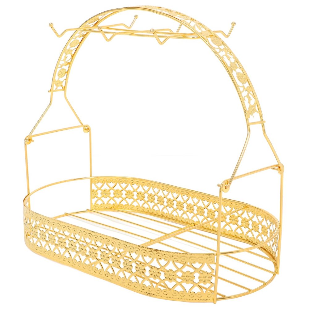 Abaodam Electroplated Gold Cup Rack with 6 Mug Hooks and Wire Storage Basket 13.11X11.49X7.87 Inch Wrought Iron Tea Cup Organizer for Kitchen Countertop and Party Use