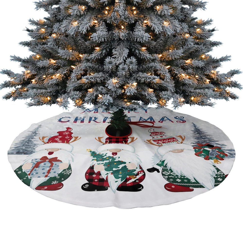 Christmas Tree Skirt Merry Christmas Gnome Snowy Pine Tree Holiday Tree Ornaments 4ft Winter Forest Xmas Trees Mat Home Decoration for Indoor Outdoor Party
