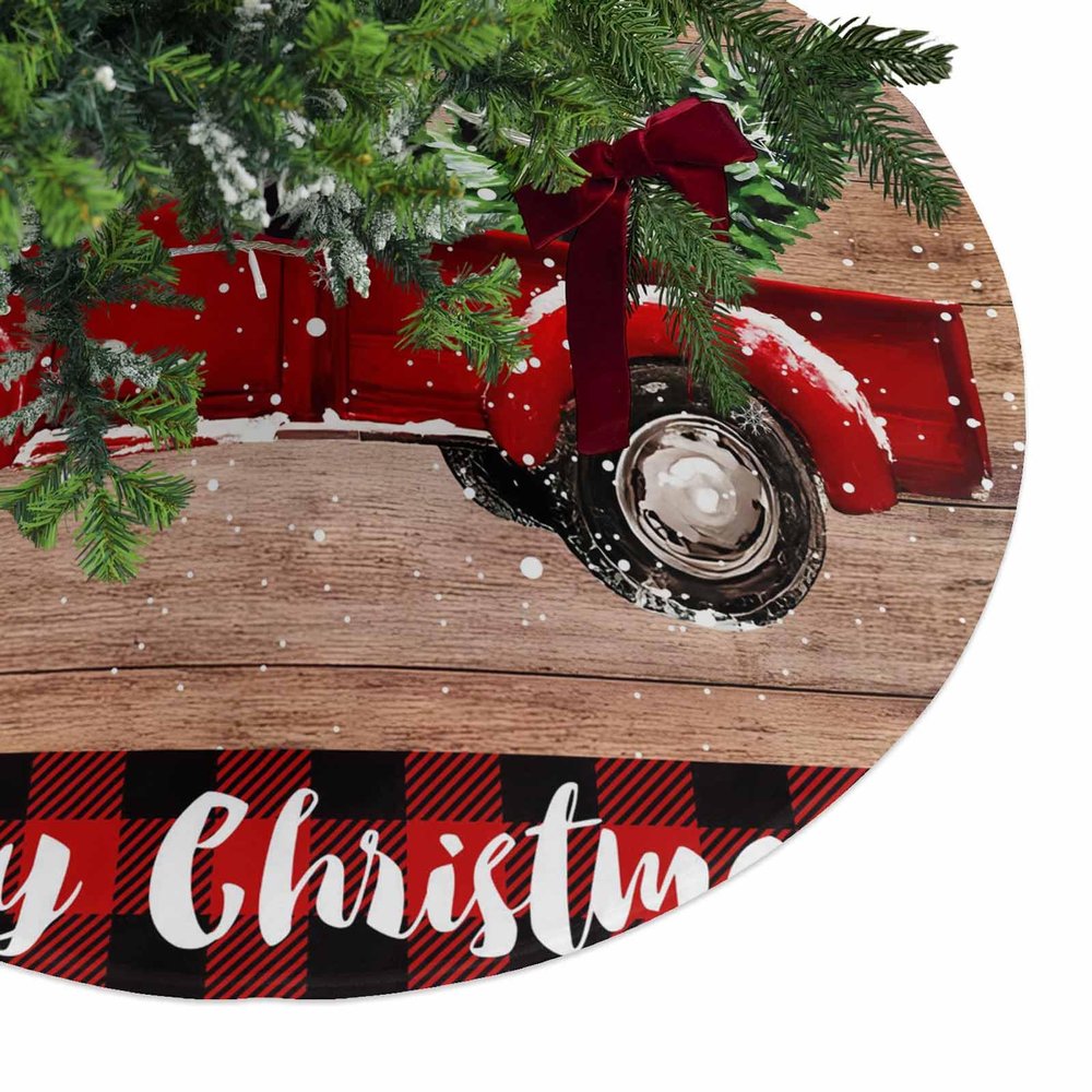 Christmas Tree Skirt Farm Christmas Car Holiday Tree Ornaments 4ft Red Truck Xmas Pine Tree Wood Board Xmas Trees Mat Home Decoration for Indoor Outdoor Party