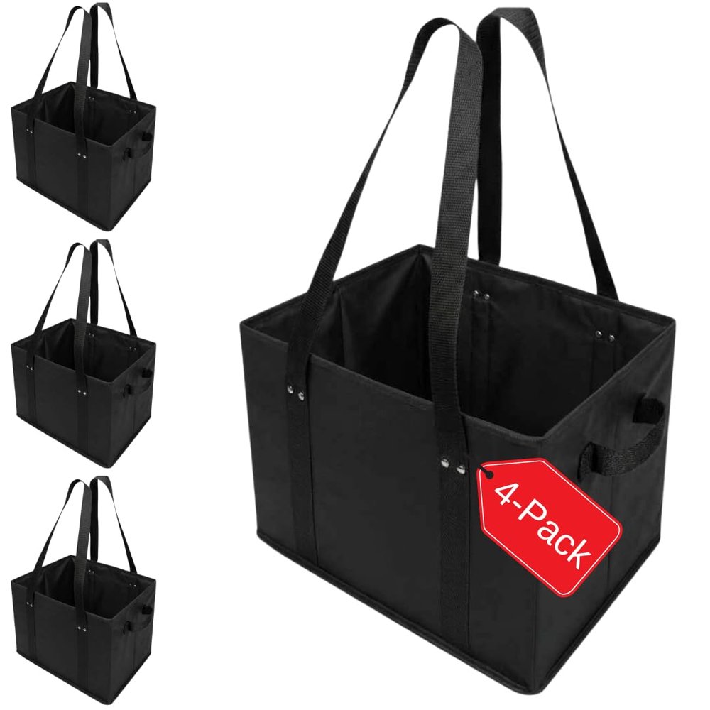 BAG-THAT! 4pk Reusable Grocery Bags Shopping Bags Tote Box Large Heavy Duty Groceries Bag Handles Foldable Reinforced Bottom (Black)