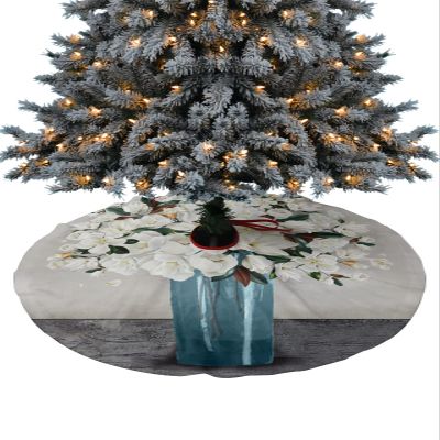Christmas Tree Skirt White Still Life in Vase Holiday Tree Ornaments 4ft Blossom Gardenia Floral Xmas Trees Mat Home Decoration for Indoor Outdoor Party