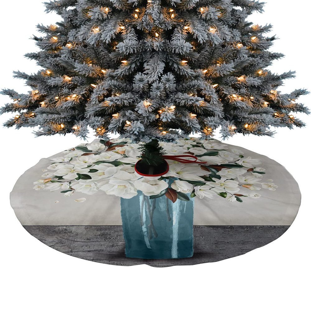 Christmas Tree Skirt White Still Life in Vase Holiday Tree Ornaments 4ft Blossom Gardenia Floral Xmas Trees Mat Home Decoration for Indoor Outdoor Party