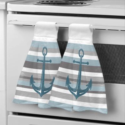 Kitchen Hanging Tie Towel, 1 Pack Reusable Quick Drying Hand Towel Nautical Anchor Blue Grey Stripe Cleaning Cloth with Loop Bathroom Tie Towels Modern Simplistic Striped