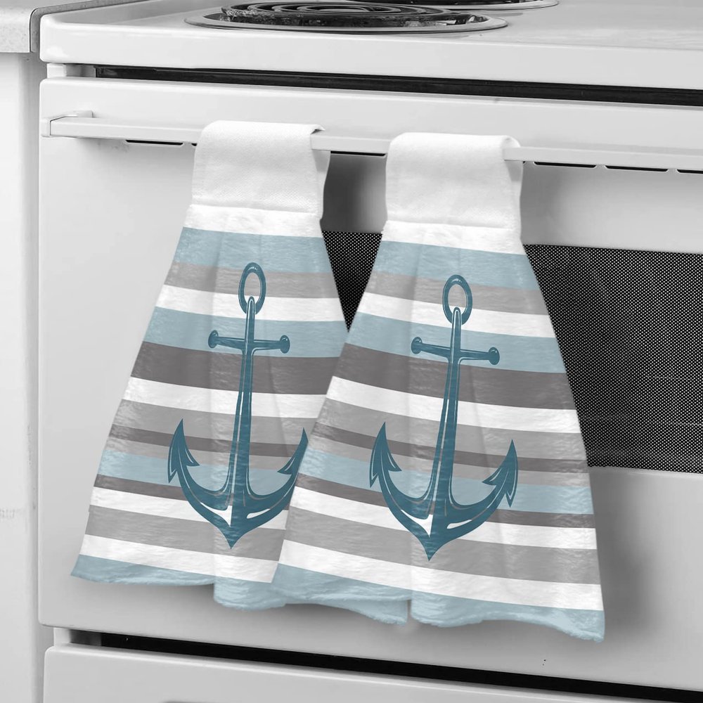 Kitchen Hanging Tie Towel, 1 Pack Reusable Quick Drying Hand Towel Nautical Anchor Blue Grey Stripe Cleaning Cloth with Loop Bathroom Tie Towels Modern Simplistic Striped