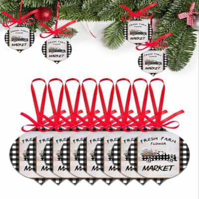 Acrylic Christmas Ornament Set of 8 Country Buffalo Plaid Truck with Wild Flower 2023 Xmas Tree Tag Decorations, Retro Wood Plank Black White Ornaments for Holiday Party Hanging Tag Accessories