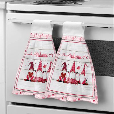 Chucoco Kitchen Hanging Tie Towel, 1 Pack Reusable Quick Drying Hand Towel Sweet Gnome Valentines Day Wood Plank Cleaning Cloth with Loop Bathroom Tie Towels Romantic Love Hearts on Pink
