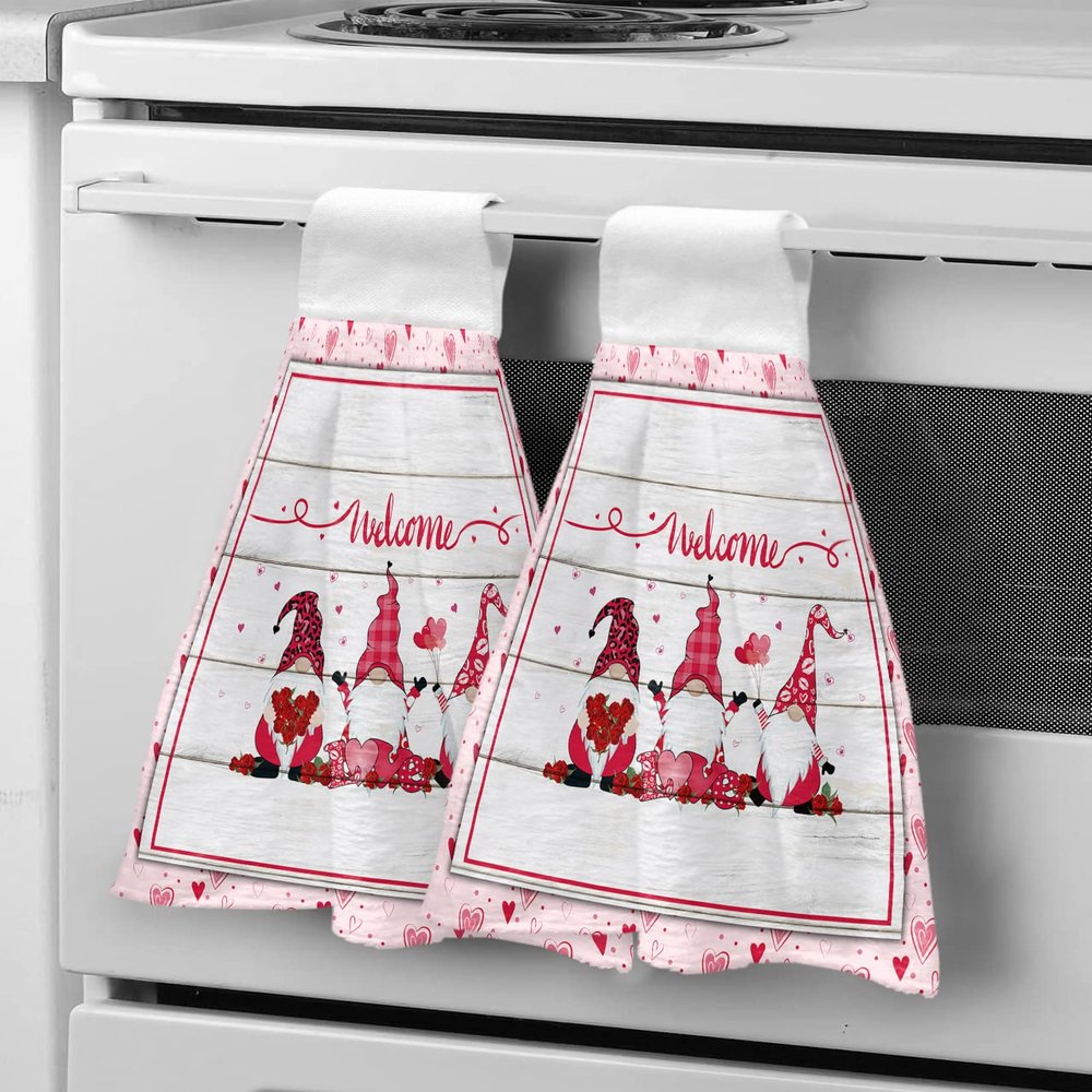 Chucoco Kitchen Hanging Tie Towel, 1 Pack Reusable Quick Drying Hand Towel Sweet Gnome Valentines Day Wood Plank Cleaning Cloth with Loop Bathroom Tie Towels Romantic Love Hearts on Pink