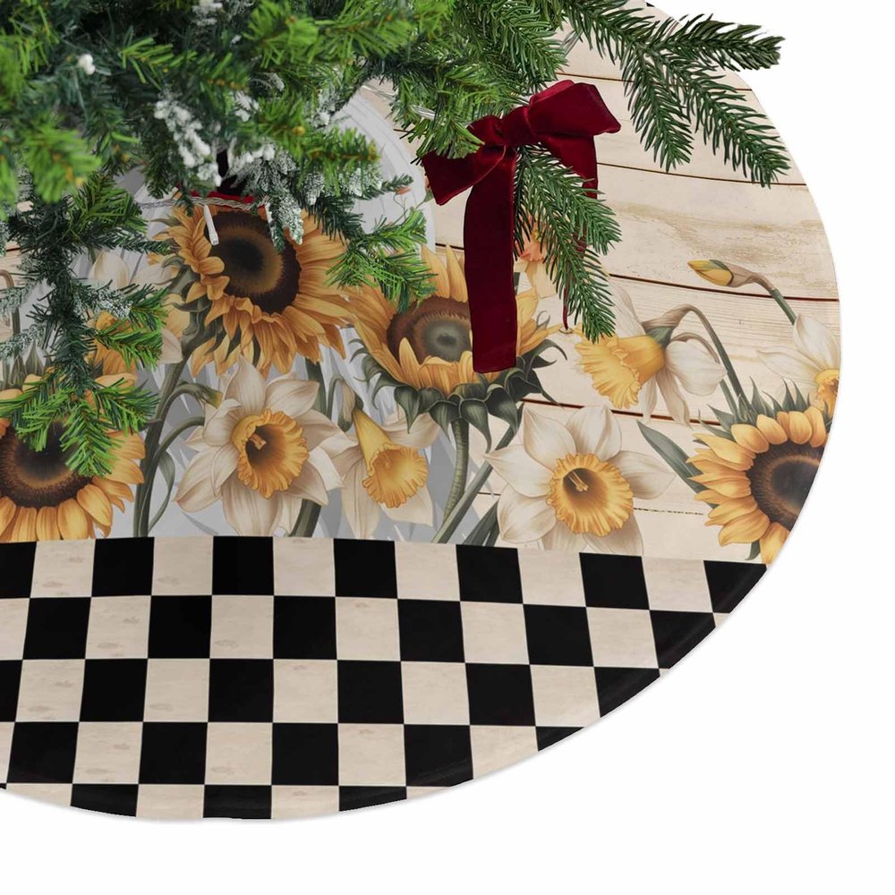 Christmas Tree Skirt Farm Rooster Sunflower Holiday Tree Ornaments 4ft Flower Wood Board Retro Buffalo Plaid Xmas Trees Mat Home Decoration for Indoor Outdoor Party