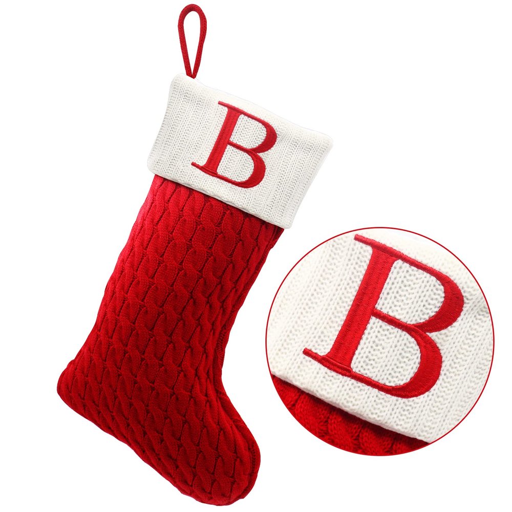 ZOEA 20 Inches Christmas Stockings with Initials, Large Embroidered Letter Knit Christmas Stocking for Family Holiday Decorations and Xmas Gift (B, Red)