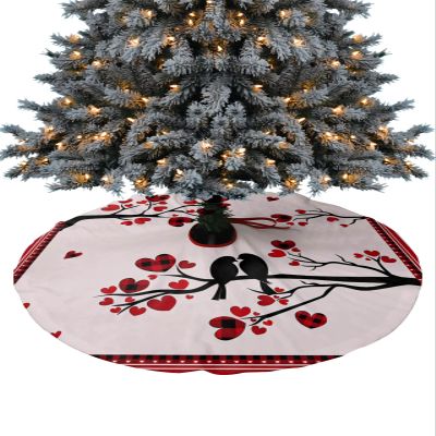 Christmas Tree Skirt Valentine's Day Black Birds Silhouette Holiday Tree Ornaments 4ft Love Hearts Tree Branch Xmas Trees Mat Home Decoration for Indoor Outdoor Party