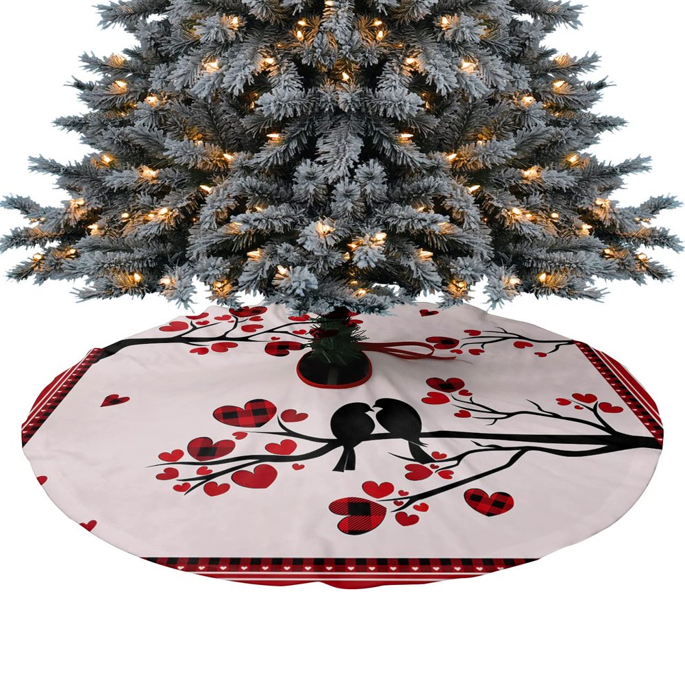 Christmas Tree Skirt Valentine's Day Black Birds Silhouette Holiday Tree Ornaments 4ft Love Hearts Tree Branch Xmas Trees Mat Home Decoration for Indoor Outdoor Party