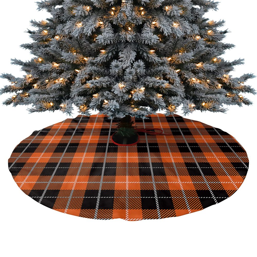 Christmas Tree Skirt Fall Orange Black Buffalo Plaid Holiday Tree Ornaments 4ft Chic Grid Gingham Xmas Trees Mat Home Decoration for Indoor Outdoor Party