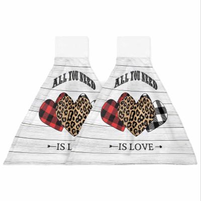 Chucoco Valentines Leopard Buffalo Plaid Love on Wood Plank Kitchen Hanging Towel, Set of 2 Absorbent Soft Hand Tie Towel Red Black White Durable Tea Bar Dish Towels for Bathroom Laundry Room Decor
