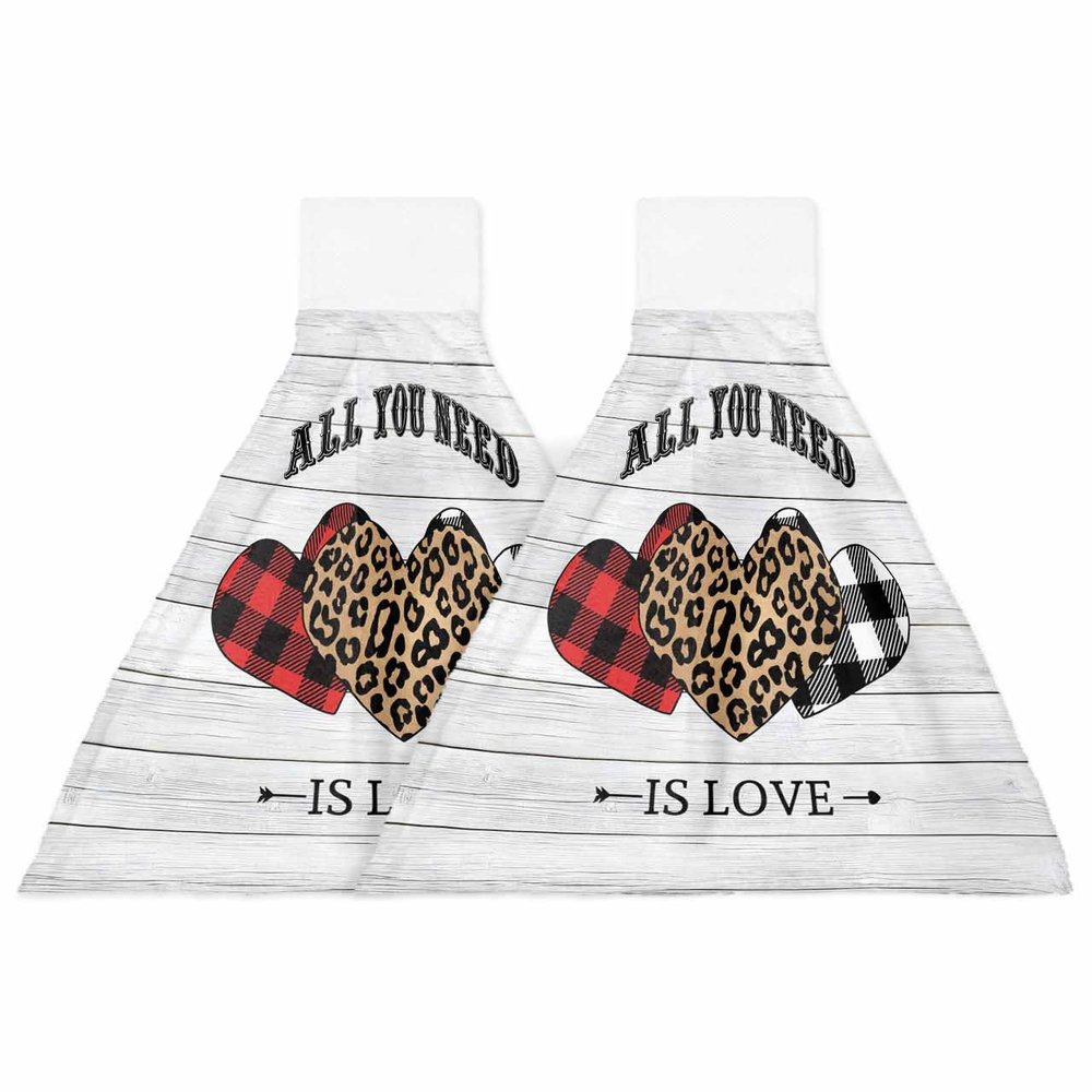 Chucoco Valentines Leopard Buffalo Plaid Love on Wood Plank Kitchen Hanging Towel, Set of 2 Absorbent Soft Hand Tie Towel Red Black White Durable Tea Bar Dish Towels for Bathroom Laundry Room Decor