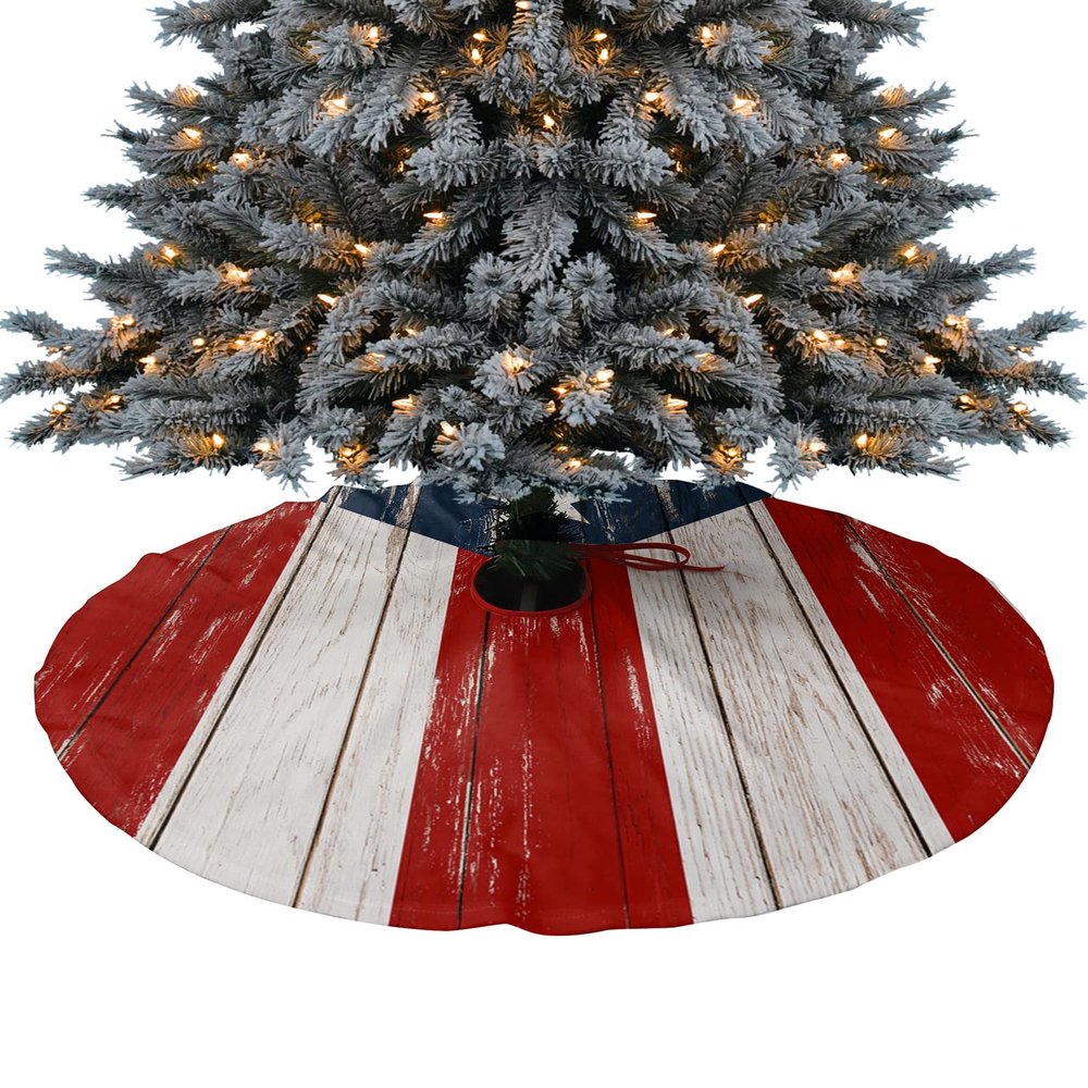 Christmas Tree Skirt Puerto Rico Flag on Shabby Wood Grain Holiday Tree Ornaments 4ft Star on Blue Red White Xmas Trees Mat Home Decoration for Indoor Outdoor Party