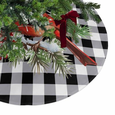 Christmas Tree Skirt Winter Christmas Red Cardinal Branch Holiday Tree Ornaments 4ft Xmas Botanical Buffalo Gingham Xmas Trees Mat Home Decoration for Indoor Outdoor Party