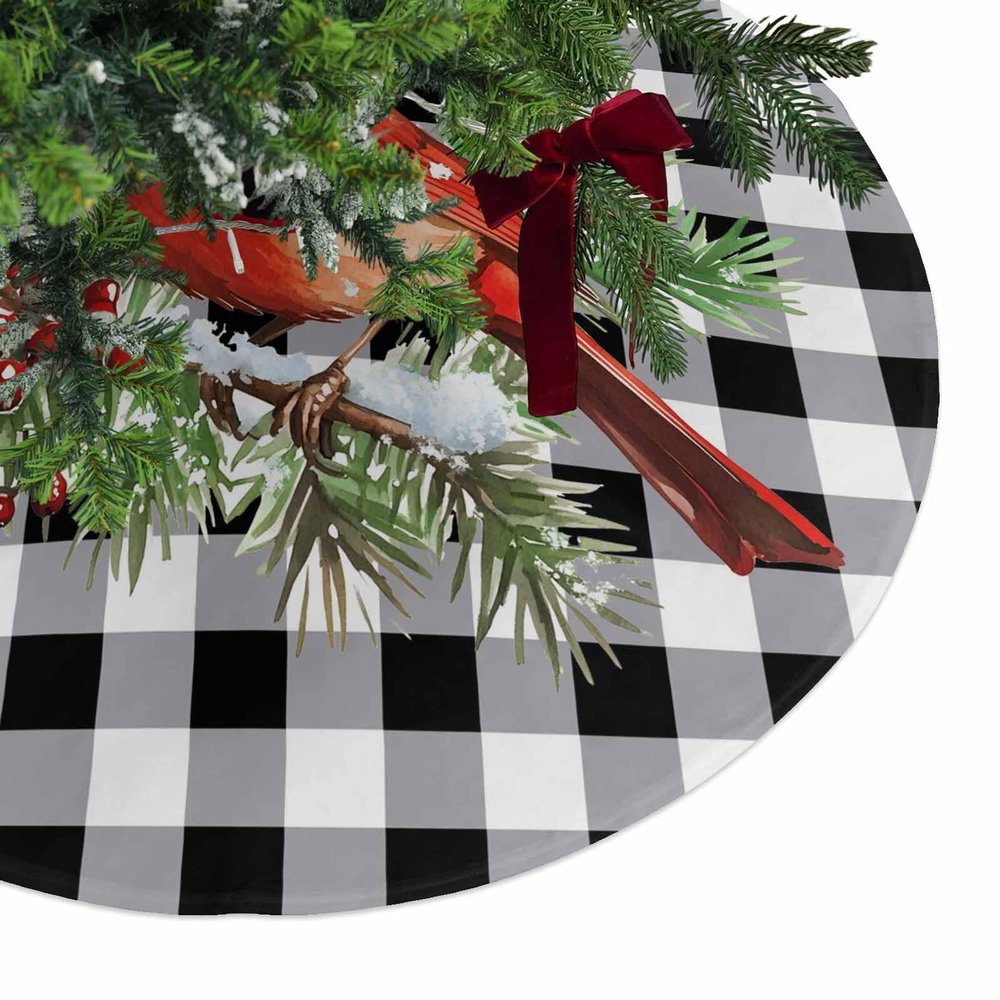 Christmas Tree Skirt Winter Christmas Red Cardinal Branch Holiday Tree Ornaments 4ft Xmas Botanical Buffalo Gingham Xmas Trees Mat Home Decoration for Indoor Outdoor Party