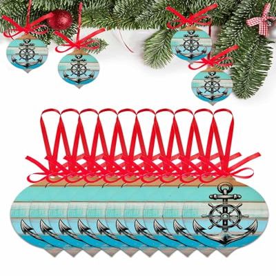 Acrylic Christmas Ornament Set of 10 Vintage Anchor Nautical Rudder 2023 Xmas Tree Tag Decorations, Teal Retro Wood Grain Ornaments with Ribbon for Holiday Party Hanging Tag Accessories