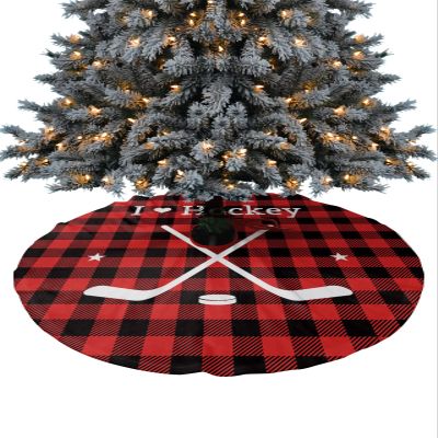 Christmas Tree Skirt Winter Hockey Sport Holiday Tree Ornaments 4ft Christmas Black Red Buffalo Check Xmas Trees Mat Home Decoration for Indoor Outdoor Party