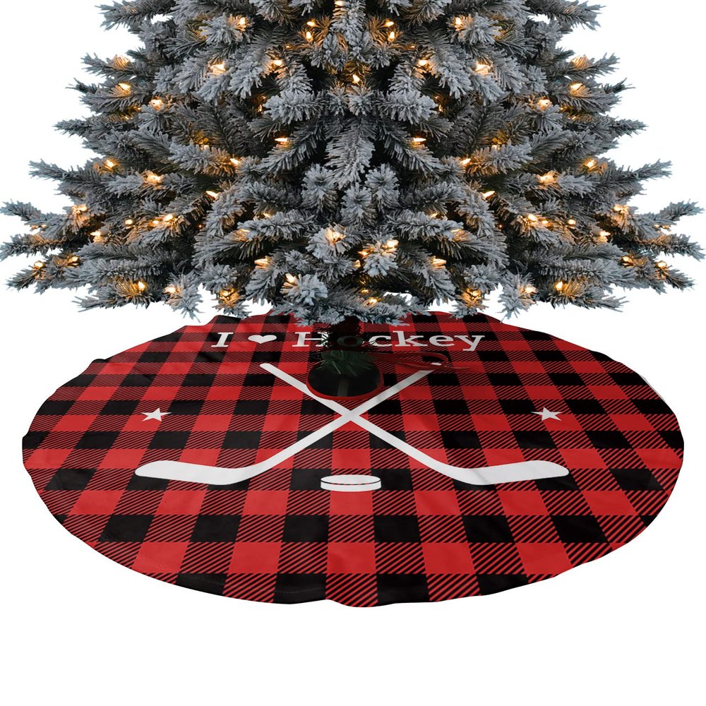 Christmas Tree Skirt Winter Hockey Sport Holiday Tree Ornaments 4ft Christmas Black Red Buffalo Check Xmas Trees Mat Home Decoration for Indoor Outdoor Party