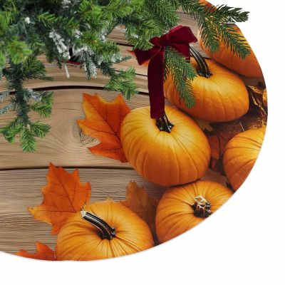 Christmas Tree Skirt Thanksgiving Pumpkin Retro Maple Leaf Holiday Tree Ornaments 4ft Brown Wood Plank Xmas Trees Mat Home Decoration for Indoor Outdoor Party