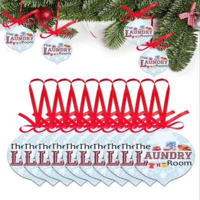 Acrylic Christmas Ornament Set of 10 Laundry Text Washing Clothes Basket 2023 Xmas Tree Tag Decorations, Blue Damask Texture Ornaments with Ribbon for Holiday Party Hanging Tag Accessories