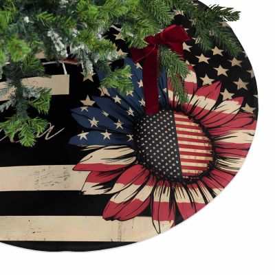 Christmas Tree Skirt Vintage American Patriot Flag Sunflower Holiday Tree Ornaments 4ft Vintage Shabby Wood Grain Xmas Trees Mat Home Decoration for Indoor Outdoor Party
