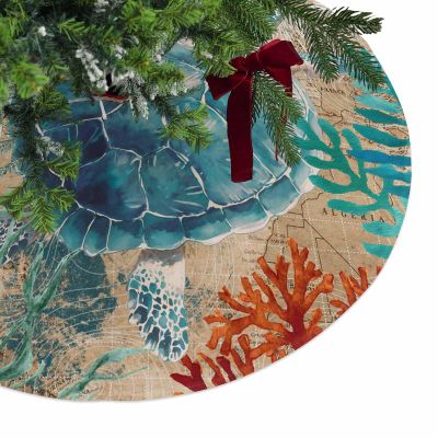 Christmas Tree Skirt Watercolor Ocean Turtle Nautical Rudder Seaweed Holiday Tree Ornaments 4ft Vintage Map Xmas Trees Mat Home Decoration for Indoor Outdoor Party
