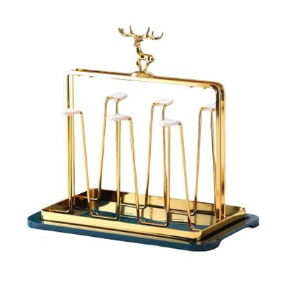 Cup Drying Rack Stand, Mug Rack 6 Cup Metal Hooks Drainer Holder Display Stand for Mugs, Glasses, Bottles on Home Kitchen Countertop,Gold