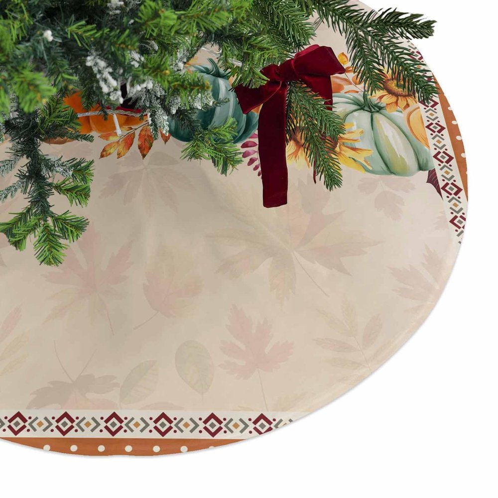 Christmas Tree Skirt Thanksgiving Pumpkins Sunflowers Holiday Tree Ornaments 4ft Fall Harvest Botanical Retro Frame Xmas Trees Mat Home Decoration for Indoor Outdoor Party