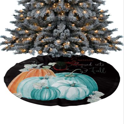 Christmas Tree Skirt Thanksgiving Pumpkins Texts on Black Holiday Tree Ornaments 4ft Teal Orange Pumpkin Xmas Trees Mat Home Decoration for Indoor Outdoor Party