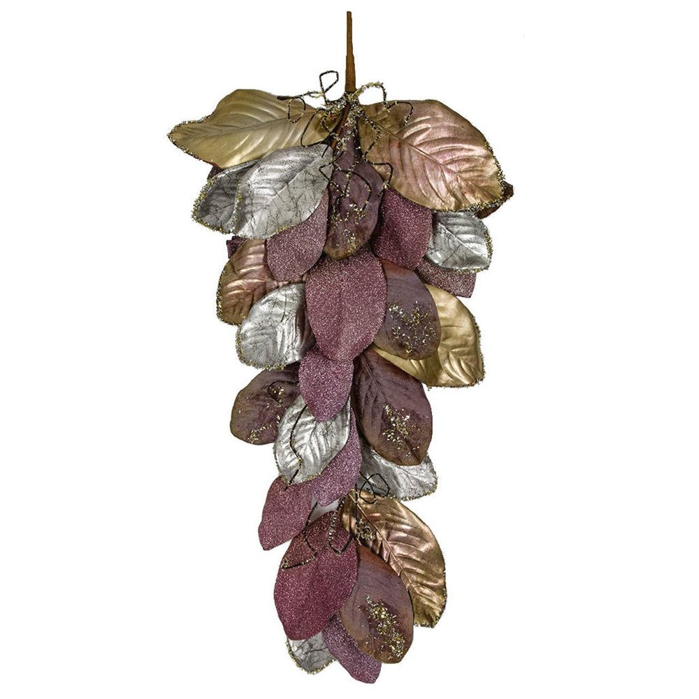 SilksAreForever 36" Metallic & Glittered Artificial Velvet Magnolia Leaf Teardrop Swag -Purple/Silver (Pack of 4)