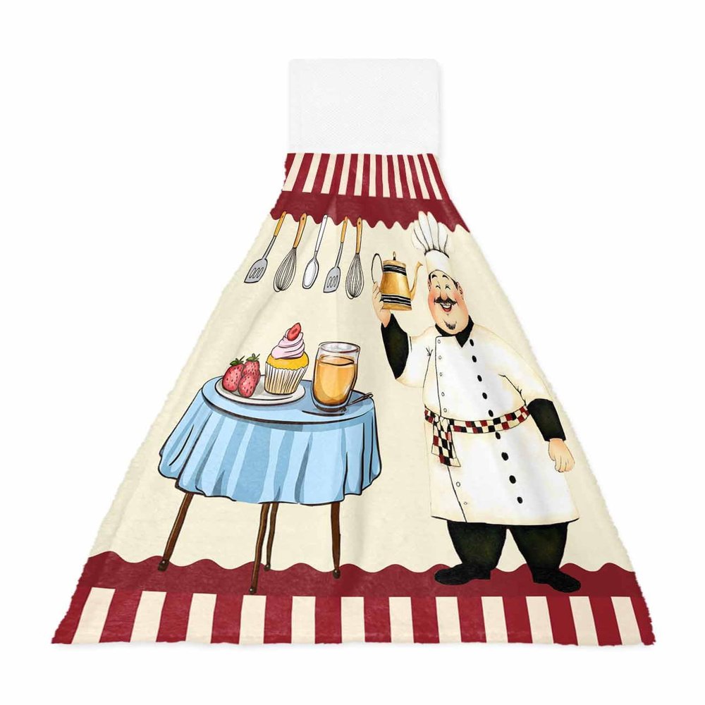 Chucoco Kitchen Hanging Tie Towel, 1 Pack Reusable Quick Drying Hand Towel Kitchen Chef with Dish Table Cleaning Cloth with Loop Bathroom Tie Towels Cooking Utensil Red Beige Border