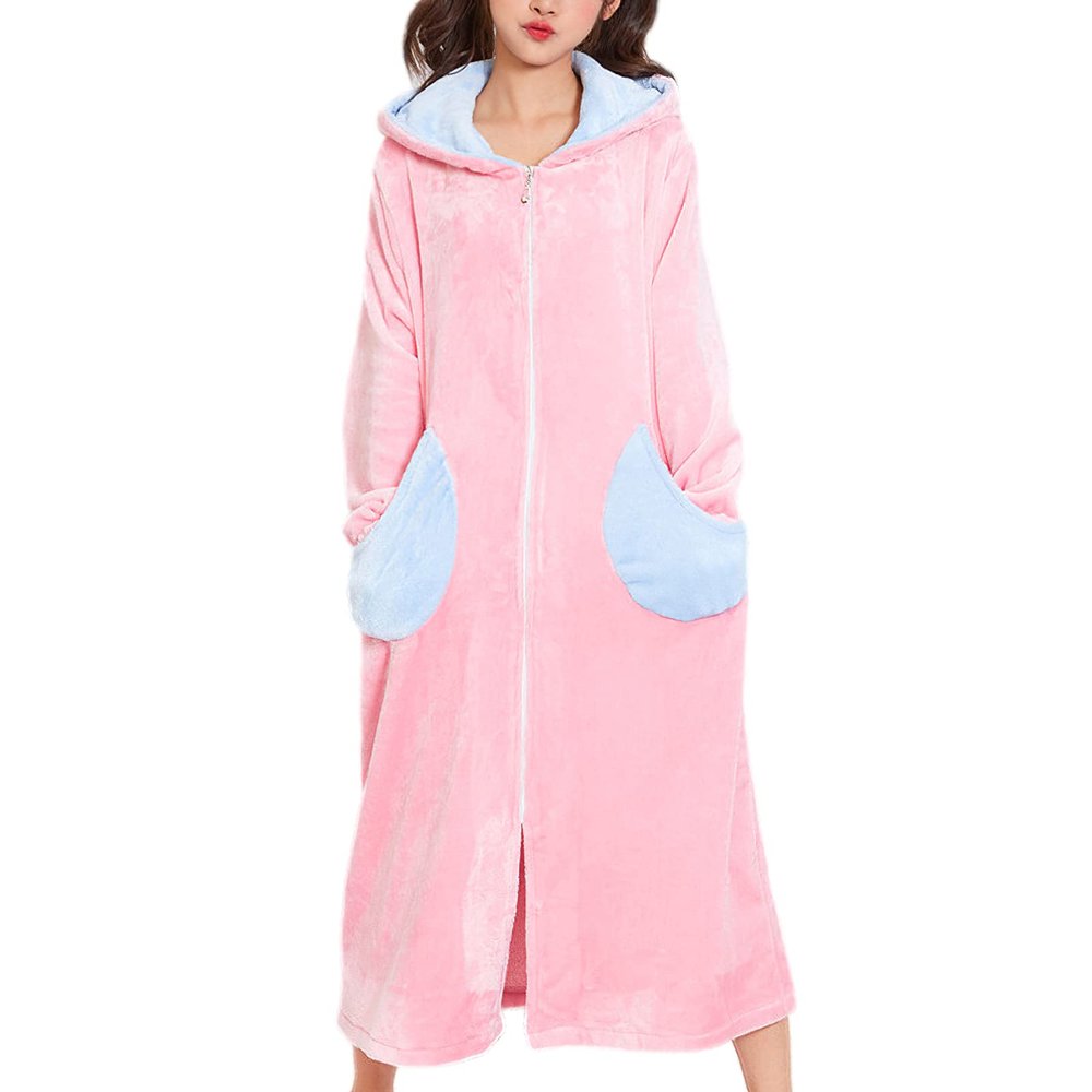 ANUFER Wearable Hoodie Blanket for Women Girls - Zip Up Warm Cozy Sherpa Fleece Sweatshirt Blanket with 2 Pockets - Pink M