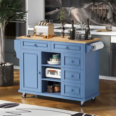 Modern Style 53 Inch Width Rolling Mobile Kitchen Island Cart with Rubber Wood Desktop and Cabinet,5 Drawers and Lockable Wheel,for Kitchen,Dining Room,Living Room (Blue#n)