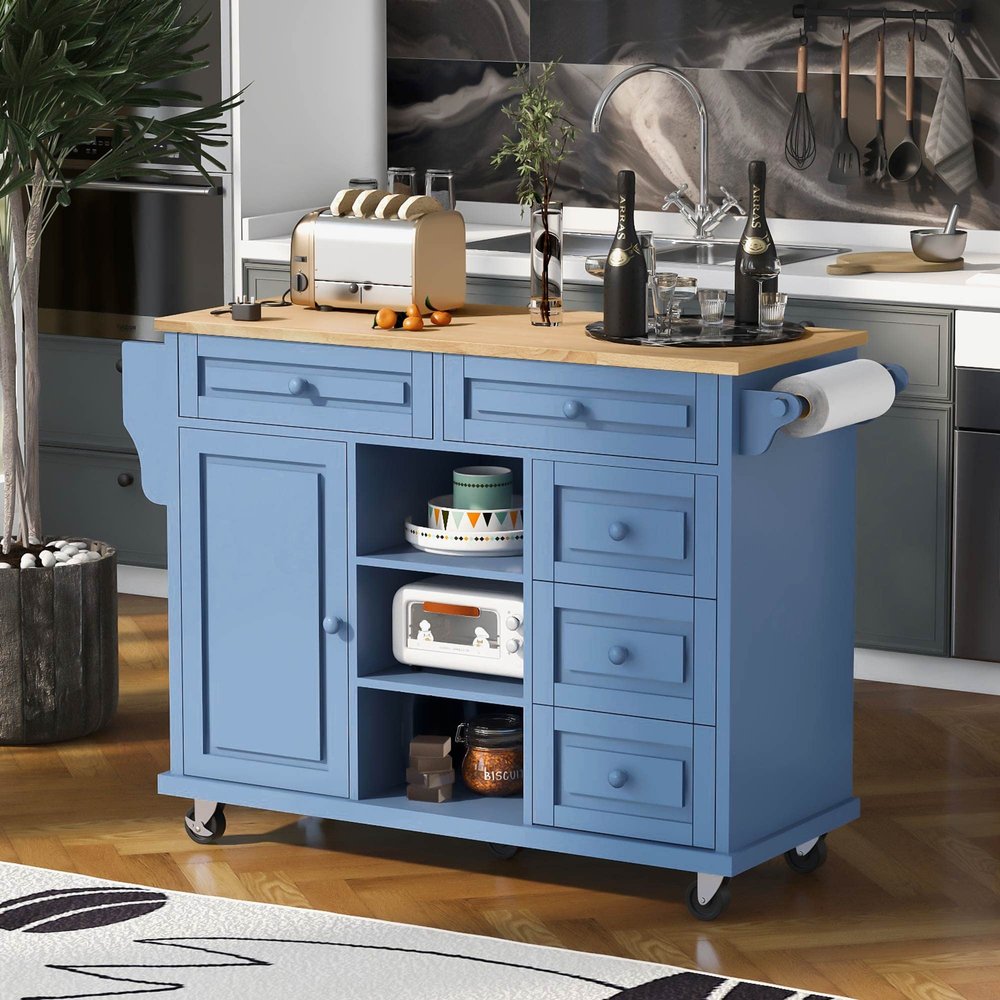 Modern Style 53 Inch Width Rolling Mobile Kitchen Island Cart with Rubber Wood Desktop and Cabinet,5 Drawers and Lockable Wheel,for Kitchen,Dining Room,Living Room (Blue#n)