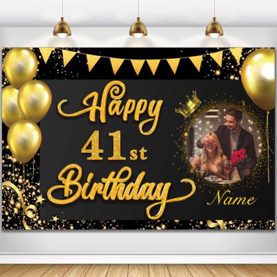 AUBAO Custom Happy 41st Birthday Decorations Banner -41 Years Old Birthday Decorations Backdrop- Personalization Happy 41st Birthday - Black and Gold, 4x6ft/5x7.5ft/6x9ft/7x10.5ft/8x12ft