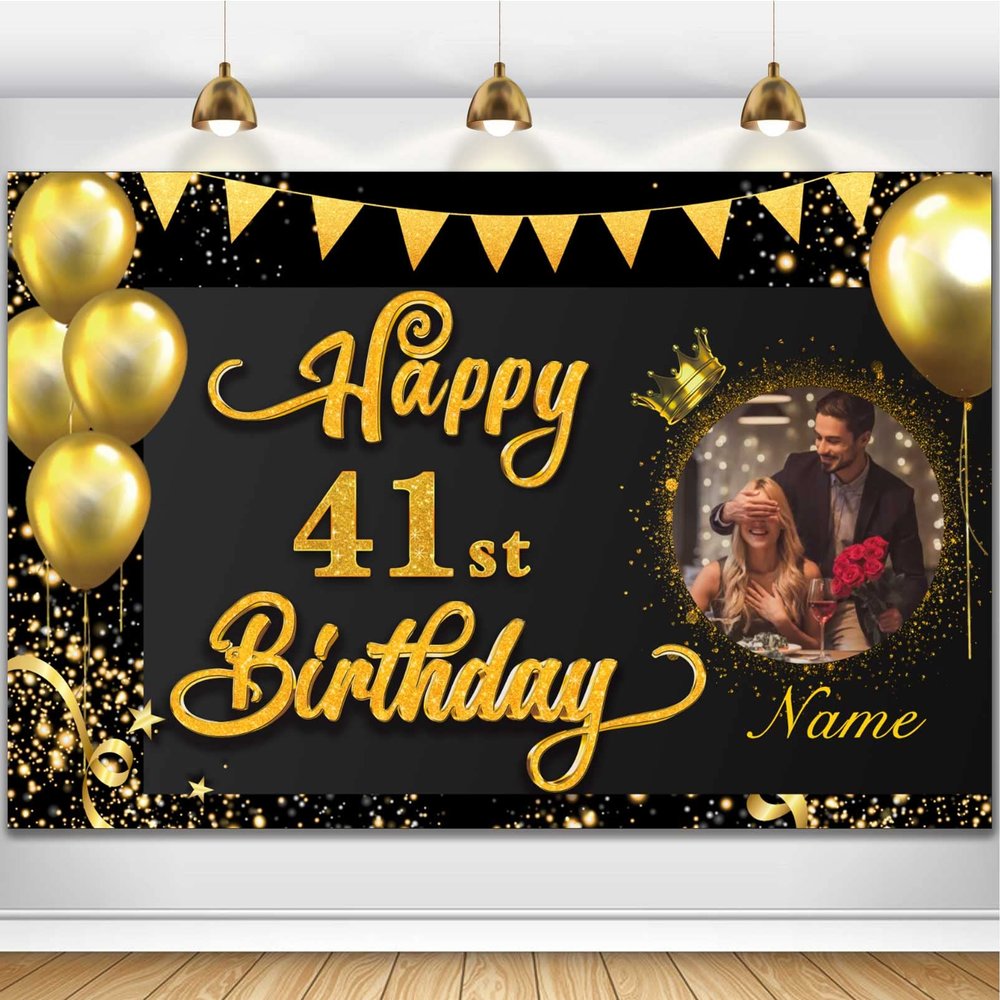 AUBAO Custom Happy 41st Birthday Decorations Banner -41 Years Old Birthday Decorations Backdrop- Personalization Happy 41st Birthday - Black and Gold, 4x6ft/5x7.5ft/6x9ft/7x10.5ft/8x12ft