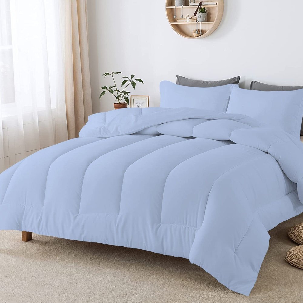 Velosso 5 PC Straight Line Pattern Comforter Set Premium Super Soft 600 GSM All Season | 1000 Thread Count | 100% Egyptian Cotton ( Twin/Twin XL Size, Light Blue Color)