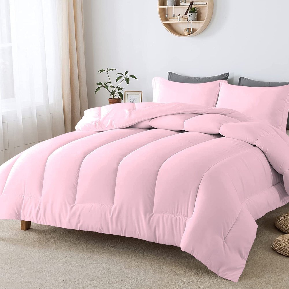 Velosso 5 PC Straight Line Pattern Comforter Set Premium Super Soft 600 GSM All Season | 1000 Thread Count | 100% Egyptian Cotton ( Full/Queen Size, Light Pink Color)