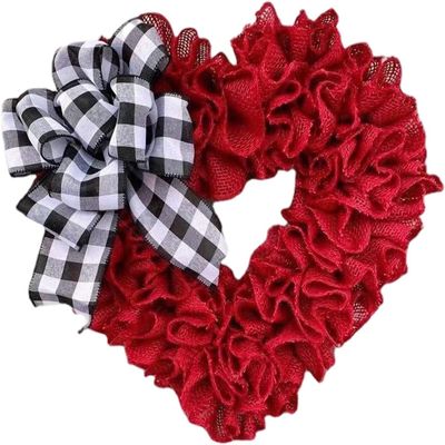OLOTU Artificial Heart Wreath Romantic Checked Bowknot Garland for Front Door Window Festival Decoration Add A Festive Vibe