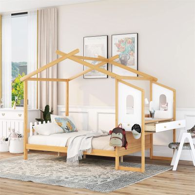 Quarte Unique Full Size Kids Platform Bed with Built-in Desk and Two Drawers,Separate Storage Pen Case (Natural #T-)