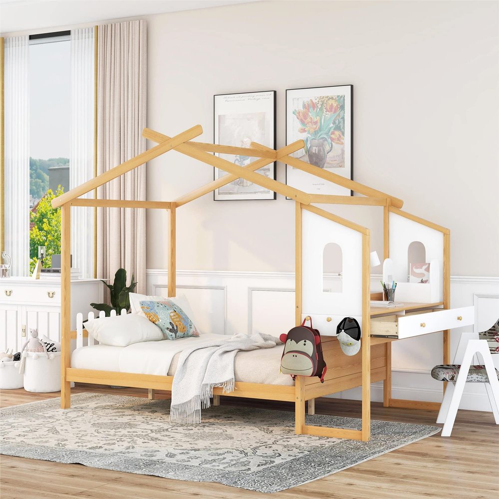Quarte Unique Full Size Kids Platform Bed with Built-in Desk and Two Drawers,Separate Storage Pen Case (Natural #T-)