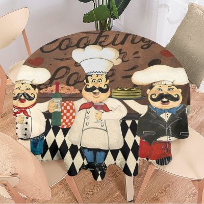 Kazynee Retro Abstract Kitchen Chef Round Tablecloth - Funny Medieval Fat Chef Black Check Plaid Decorative Fabric Table Cover for Outdoor and Indoor Use 70"
