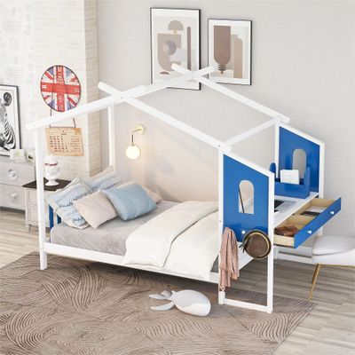 Unique Full Size Kids Platform Bed with Built-in Desk and Two Drawers,Separate Storage Pen Case (White #T-)